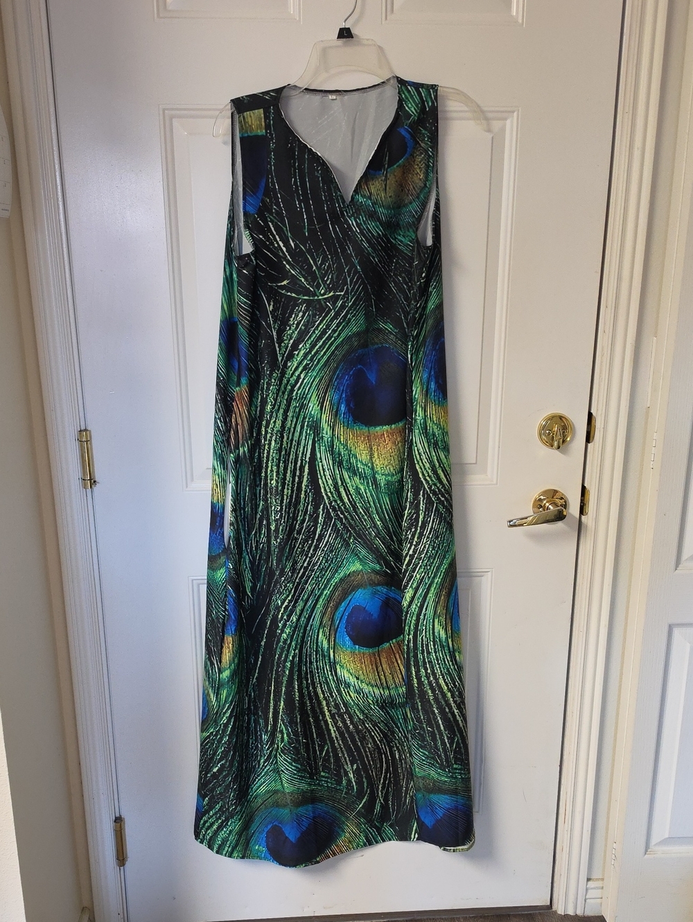 Sleeveless Peacock Print Maxi Dress in Green and Blue